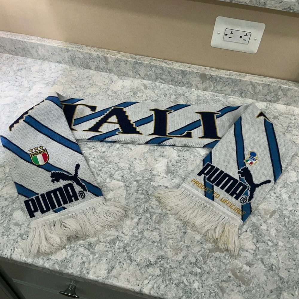Puma Scarf Italia FIGC Soccer OS White Blue Striped Knit Fringe Made in Italy